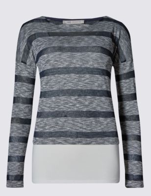 Double Layer Sheer Striped Long Sleeve Tops